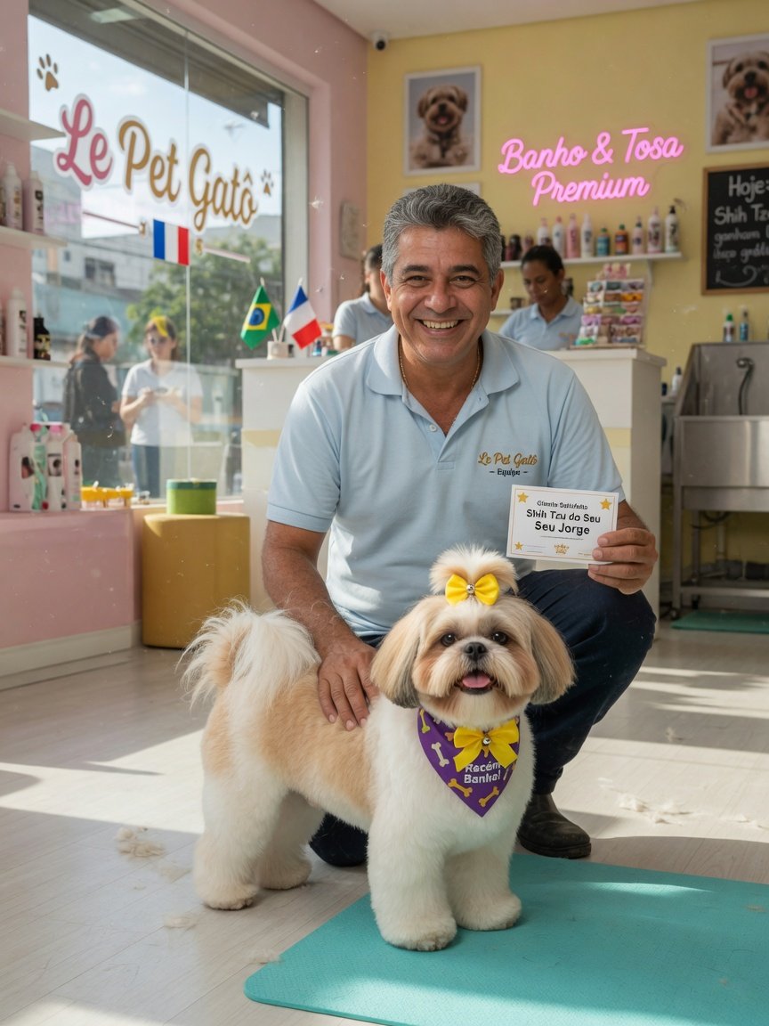 Cliente com shih tzu após tosa completa